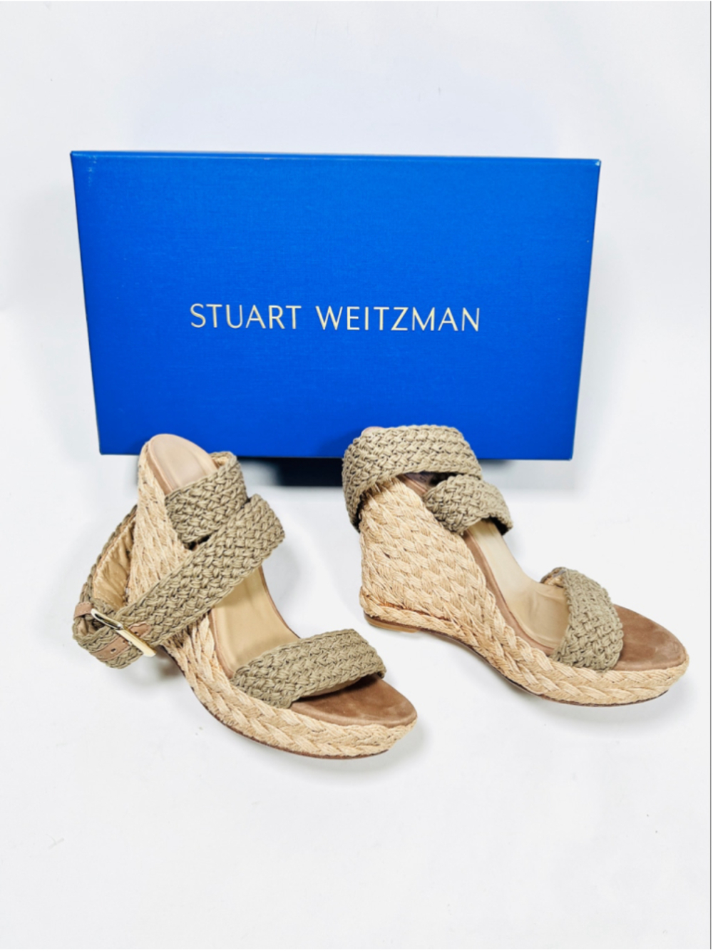 Stuart Weitzman Womans Wedge Sandals Size 6.5 Beige Brown Woven Resort
